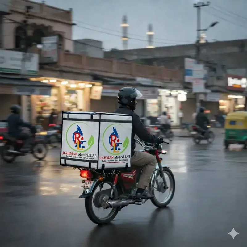 Inno Diagnostic Lab home sample collection — branded bike delivery across Gujranwala